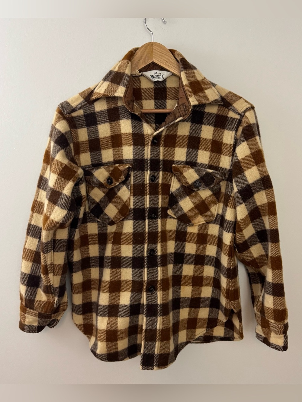 Vintage Woolrich Women’s Wool Plaid Shirt Jacket Brown Tan 70s 80s Size L